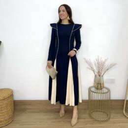 Vestido combinado azul marino-beige hombreras