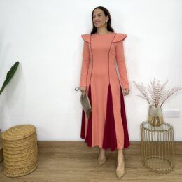 Vestido combinado salmón-Burdeos hombreras