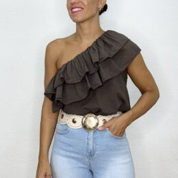 Camisa asimétrica doble volante marrón