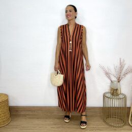 Vestido largo rayas verticales naranja-marrón