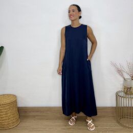 Vestido satinado bolsillos azul marino