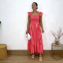 Vestido nido de abeja rayas rosa-rojo