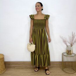Vestido nido de abeja rayas verde-marrón