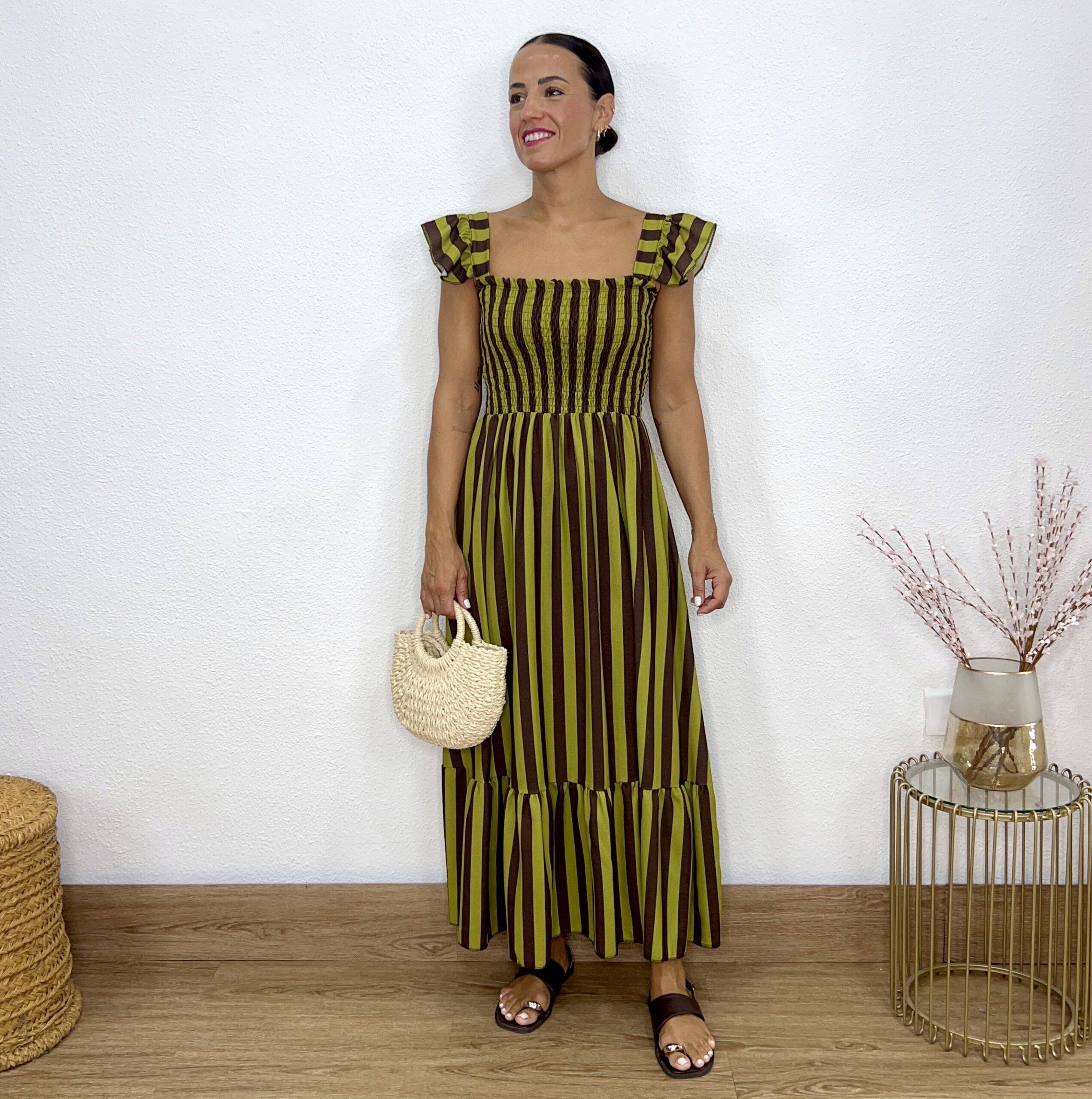 Vestido nido de abeja rayas verde-marrón