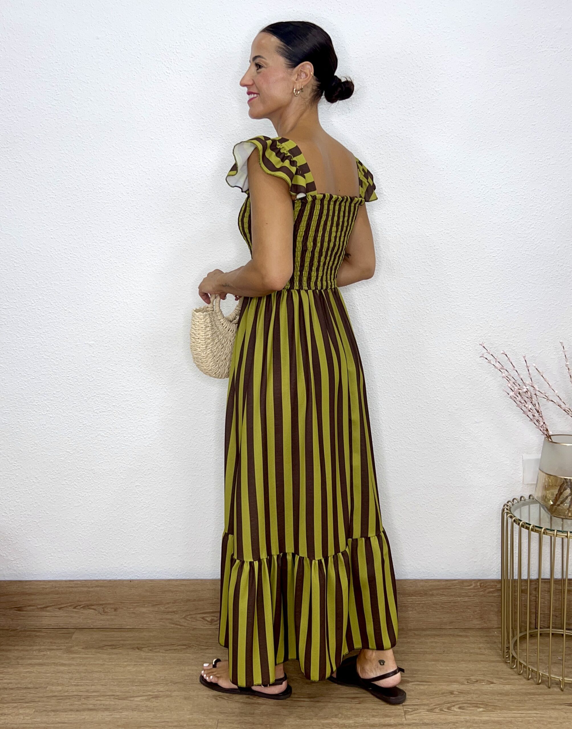 Vestido nido de abeja rayas verde-marrón - Imagen 2
