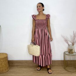 Vestido nido de abeja rayas rosa-marrón