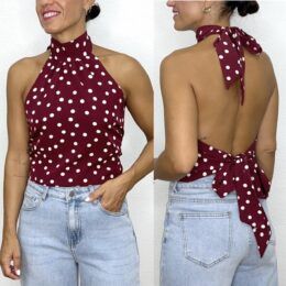 Top burdeos atado al cuello lunares blancos