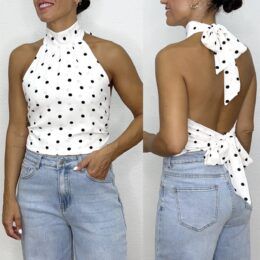 Top blanco atado al cuello lunares negros