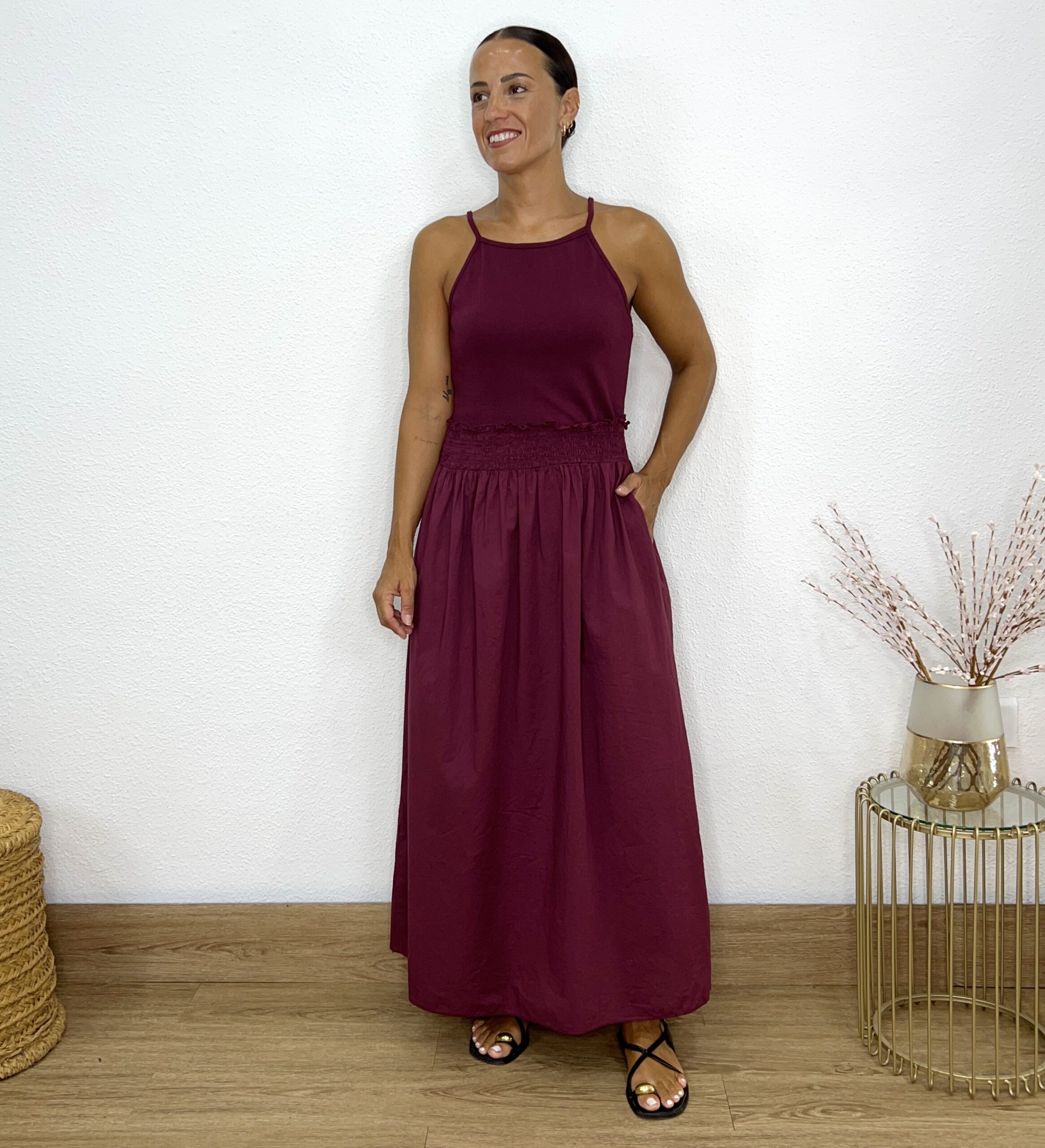 Vestido combinado elástico cintura burdeos - Imagen 3