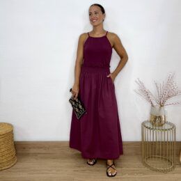 Vestido combinado elástico cintura burdeos