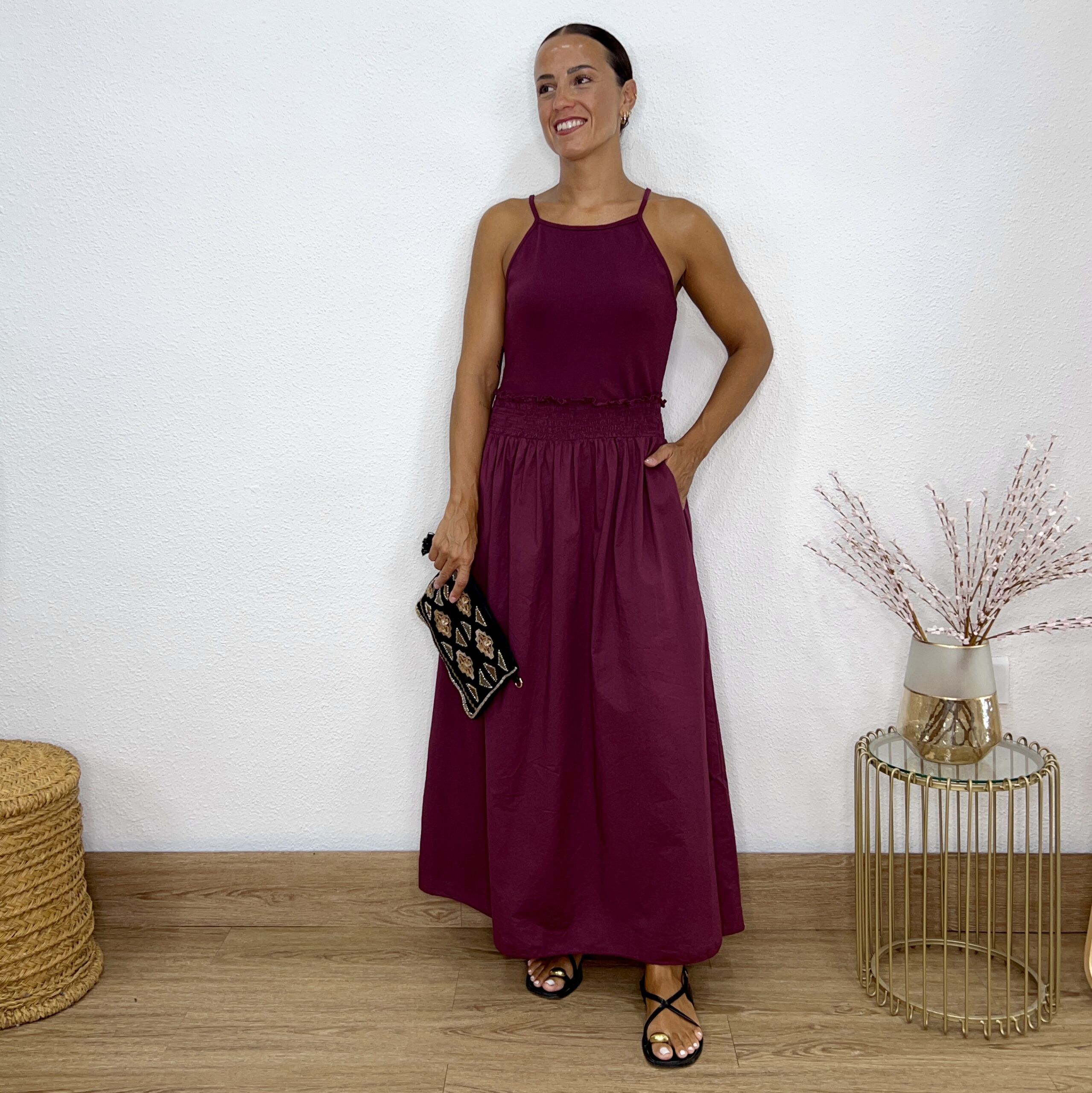Vestido combinado elástico cintura burdeos