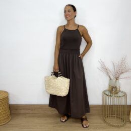 Vestido combinado elástico cintura marrón
