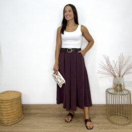Falda MIDI tablas cinturón berenjena