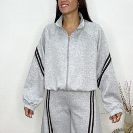 Sudadera gris jaspeada doble raya marrón