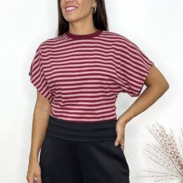 Camiseta manga murciégalo rayas rosa-granate